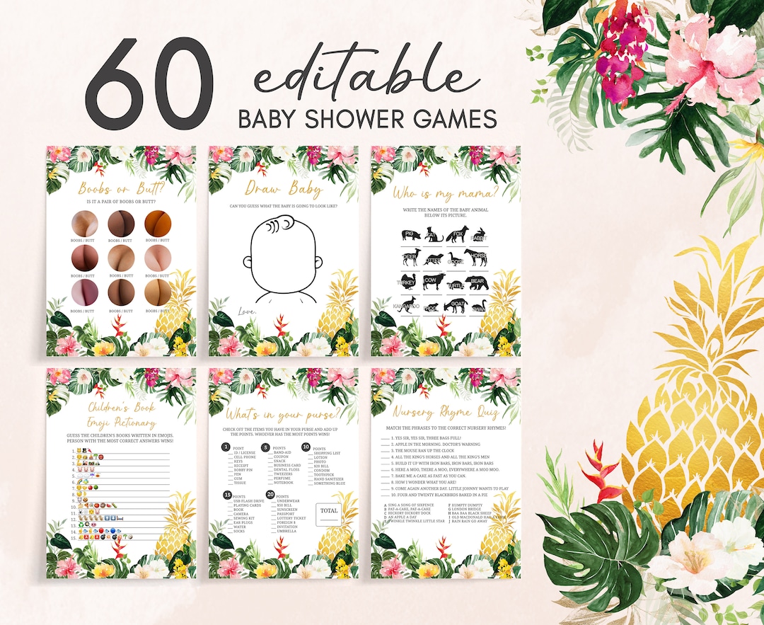 Editable Pineapple Aloha Baby Shower Games Bundle, Girl Hawaiian Baby ...