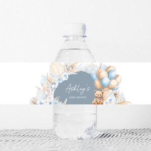 Editable Boy Bear Boho Baby Shower Bottle Label, Blue Balloon Bear Baby Shower Water Labels, We Can Bearly Wait Water Bottle Stickers, 0691 image 1