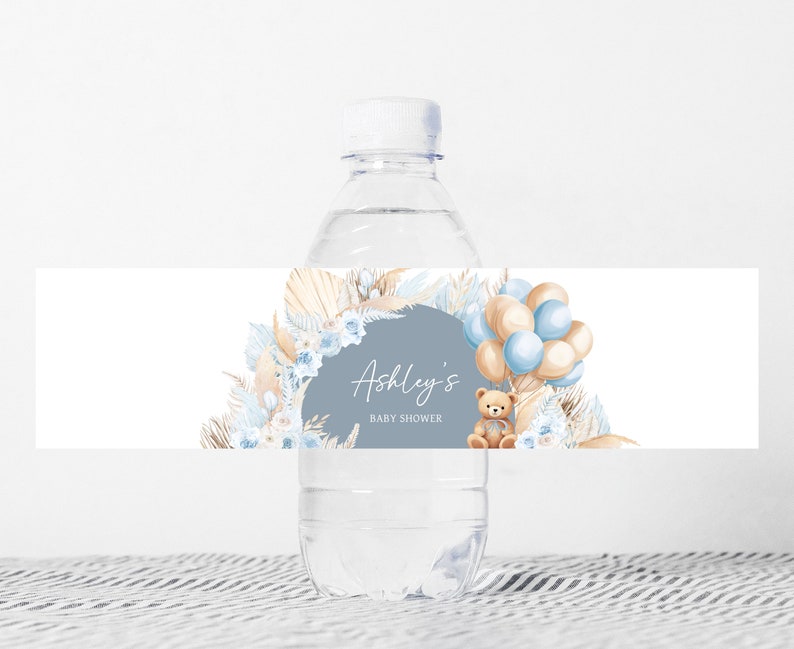 Editable Boy Bear Boho Baby Shower Bottle Label, Blue Balloon Bear Baby Shower Water Labels, We Can Bearly Wait Water Bottle Stickers, 0691 image 1