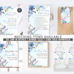 Peut inclure: Un ensemble de d&eacute;corations de f&ecirc;te de baby shower avec un motif d'&eacute;l&eacute;phant aquarelle bleu et blanc. L'ensemble comprend une pancarte de bienvenue, un quiz de rimes de berceau, un sac de faveur avec une &eacute;tiquette de remerciement et deux &eacute;tiquettes de bouteille d'eau. Le texte sur la pancarte de bienvenue est "Bienvenue au baby shower de Samantha le 20 mai 2023". Le texte sur le quiz de rimes de berceau est "Quiz de rimes de berceau". Le texte sur l'&eacute;tiquette du sac de faveur est "Merci de nous avoir combl&eacute; d'amour Baby shower de Samantha". Le texte sur les &eacute;tiquettes de bouteille d'eau est "Baby shower de Samantha".