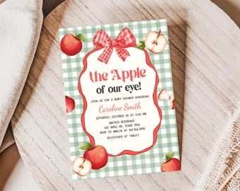Invitación editable para baby shower "La Niña de Nuestros Ojos", invitación para baby shower "Otoño Manzana", invitación para baby shower "Cosecha de Manzanas Otoñales" con cuadros vichy, 01144