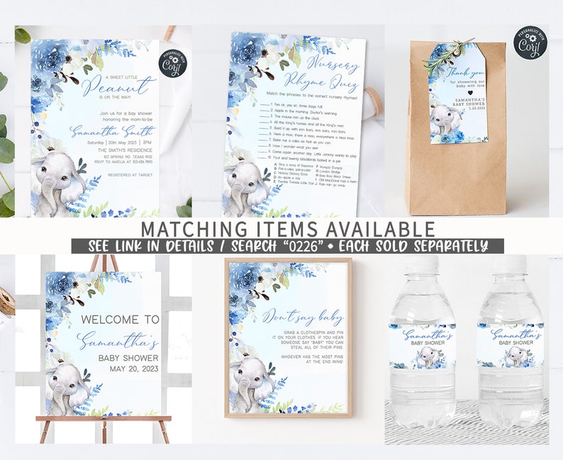 K&ouml;nnte beinhalten: Ein Set an Babyparty-Dekorationen mit einem blauen und wei&szlig;en Elefanten-Design. Das Set beinhaltet ein Willkommens-Schild, ein Kinderreim-Quiz, eine Geschenktasche mit einem Dankesch&ouml;n-Anh&auml;nger und zwei Wasserflaschenetiketten. Der Text auf dem Willkommens-Schild lautet "Willkommen zu Samanthas Babyparty am 20. Mai 2023". Der Text auf dem Dankesch&ouml;n-Anh&auml;nger lautet "Vielen Dank, dass ihr uns mit Liebe &uuml;bersch&uuml;ttet habt Samanthas Babyparty".