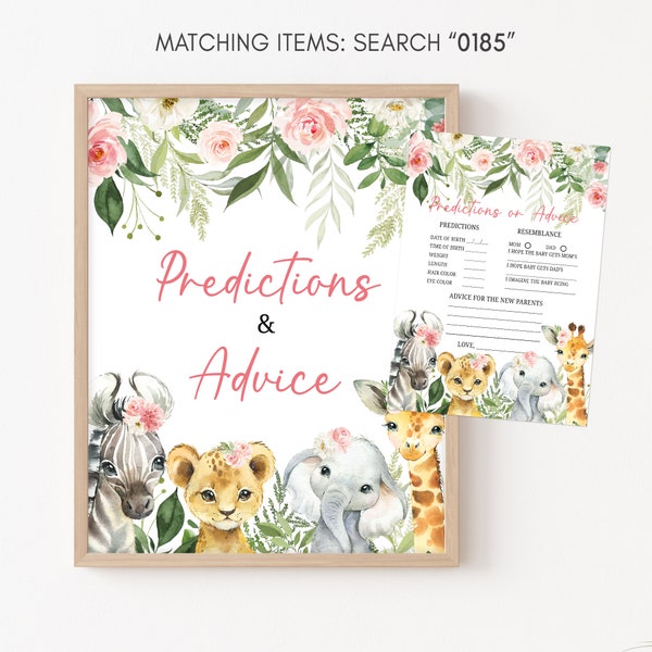 Predictions and Advice Sign Jungle Baby Shower Girl Safari Animals Baby Shower Advice Card Safari Printable Sign Floral Shower Template 0185