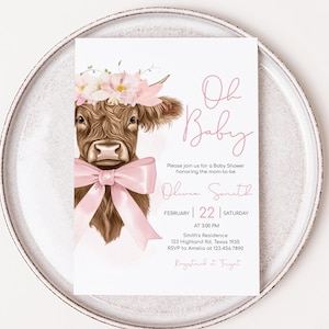 Edytowalne zaproszenie na baby shower Highland Cow, różowe zaproszenie na baby shower Holy Cow, boho floral country cow shower, 01047