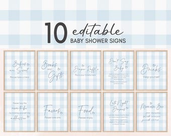 Editable Blue Gingham Baby Shower Table Sign, Classic Gingham Boy Baby Shower Bundle Sign, Oh Baby Blue Baby Shower Late Night Diapers 01090