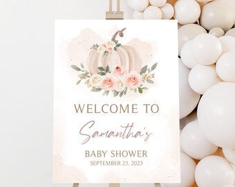 Editable Blush Pink Pumpkin Baby Shower Welcome Sign, Boho Fall Baby Shower Welcome Poster, Girl Floral Pumpkin Welcome Sign Template 0433