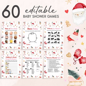 Editable Pink Santa Baby Baby Shower Games Bundle, Pink Christmas Baby Shower Game Pack, Red and Pink Girl Santa Baby Shower Games Set, 0554 image 1