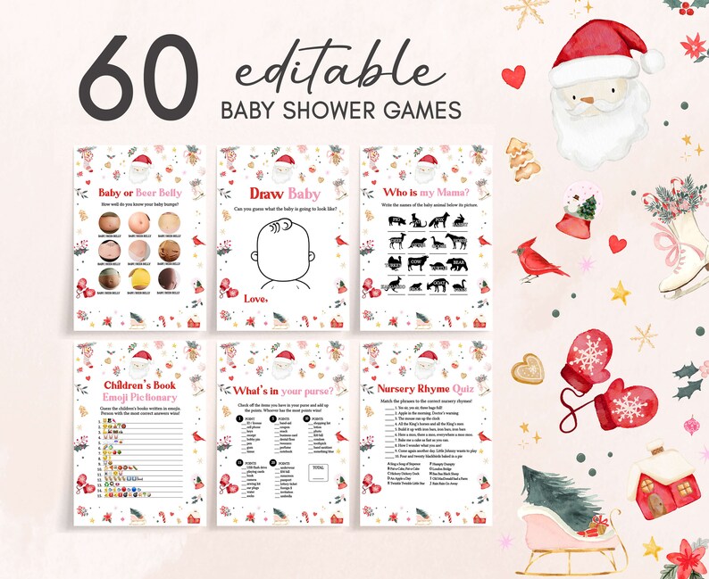 Editable Pink Santa Baby Baby Shower Games Bundle, Pink Christmas Baby Shower Game Pack, Red and Pink Girl Santa Baby Shower Games Set, 0554 image 1