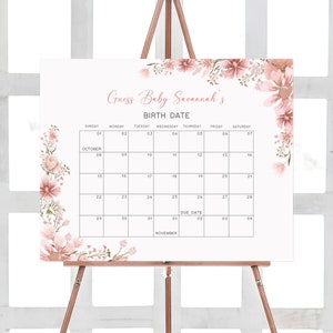 Bearbeitbarer rosa Blumen-Babyparty-Fälligkeitsdatumskalender, erröten Sie rosa Blumen-Babypartykalender, rosa Blumen-Bogen-Mädchen-Babypartyspiel, 0644