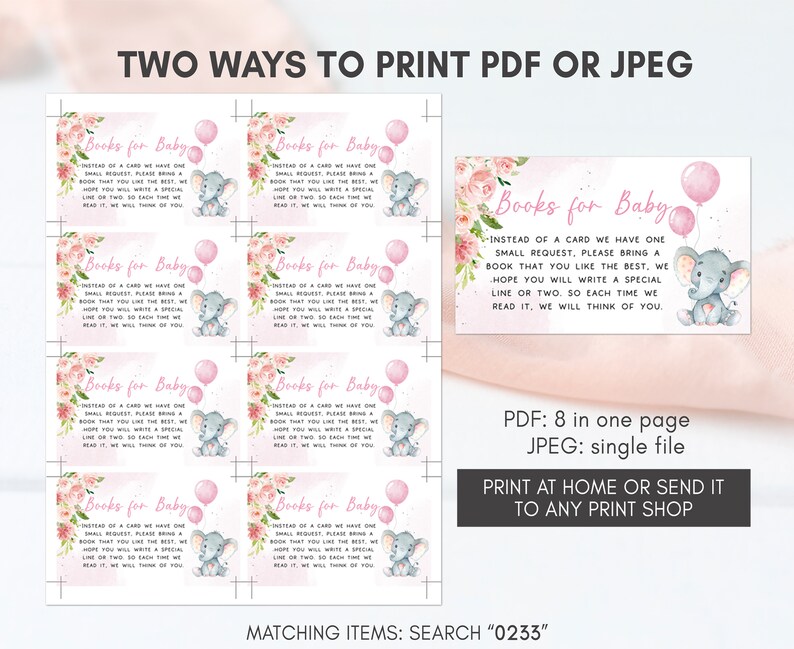 May include: Printable baby shower favor tags featuring a pink and white floral design with a cute elephant holding a pink balloon. The text reads "Books for Baby - Instead of a card we have one small request, please bring a book that you like the best, we hope you will write a special line or two, so each time we read it, we will think of you."