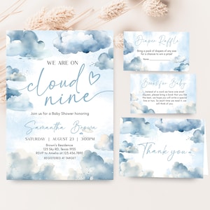 Editable On Cloud 9 Baby Shower Invitation Bundle, Blue We&#39;re On Cloud Nine Baby Shower Invite Set, Baby Boy Cloud Baby Shower Invite, 01077