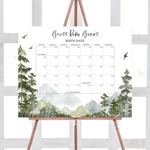 Bearbeitbar Lassen Sie das Abenteuer beginnen Babyparty Fälligkeitsdatumskalender, Jungenwald-Babypartykalender, Abenteuer-Geburtstagsvorhersagen, 0494