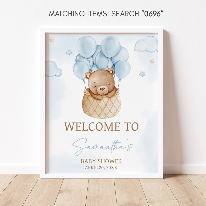 Editable Boy Hot Air Balloon Bear Baby Shower Welcome Sign, Blue We Can ...