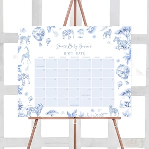 Calendário editável de data de vencimento do chá de bebê Safari Toile de Jouy, calendário de chá de bebê Safari Toile, previsão de aniversário azul Chinoiserie 01072