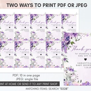 May include: Purple and white thank you tags with a floral design and an elephant wearing a crown. The text on the tags reads "Thank you for showering our baby with love" and "Samantha's Baby Shower 5.20.2023".