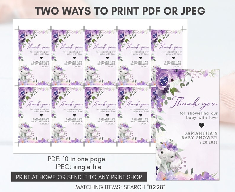 May include: Purple and white thank you tags with a floral design and an elephant wearing a crown. The text on the tags reads "Thank you for showering our baby with love" and "Samantha's Baby Shower 5.20.2023".