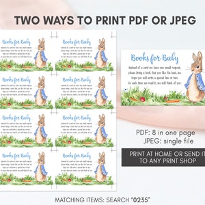 May include: Printable baby shower favor tags featuring a cute illustration of Peter Rabbit. The tags read "Books for Baby" and include a request for guests to bring a book instead of a card. The text also says "So each time we read it, we will think of you."
