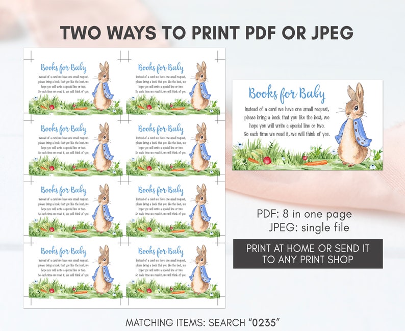 May include: Printable baby shower favor tags featuring a cute illustration of Peter Rabbit. The tags read "Books for Baby" and include a request for guests to bring a book instead of a card. The text also says "So each time we read it, we will think of you."