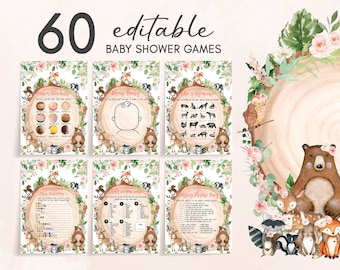 Bewerkbare bos babyshower spelletjesbundel meisje, bloemen bosdieren babyshower spelpakket, rustieke bloemen bosdieren spelletjes set 0403