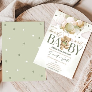 Editable Gender Neutral Bear Baby Shower Invitation Bundle, We Can Bearly Wait Baby Shower Invite Set, Green Bear Balloons Baby Shower, 0604 image 2