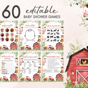 Editable Farm Baby Shower Games Bundle, Red Barnyard Baby Shower Game Pack, Farm Animals Bundle Games Gender Neutral Printable Template 0318