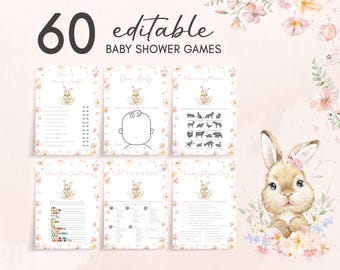 Editable Pink Floral Bunny Baby Shower Games Bundle, Girl Somebunny Baby Shower Game Pack, It's a Girl Floral Rabbit Baby Shower Games 01008