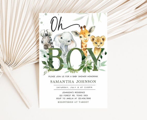 Editable Oh Boy Safari Baby Shower Invitation, Jungle Baby Shower Invite, Greenery Jungle Safari Animals Invitation, Printable Template 0391