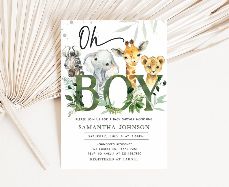 Peut inclure: Une invitation &agrave; une f&ecirc;te pr&eacute;natale sur fond vert et blanc. L'invitation pr&eacute;sente une illustration aquarelle d'un z&egrave;bre, d'un &eacute;l&eacute;phant, d'une girafe et d'un lion avec le texte "Oh Boy" en lettres vertes. L'invitation comprend &eacute;galement le texte "Veuillez vous joindre &agrave; nous pour une f&ecirc;te pr&eacute;natale en l'honneur de Samantha Johnson, samedi 8 juillet &agrave; 14h00, R&eacute;sidence Johnson, 123 Forest Rd, Texas 1923, RSVP &agrave; Amelia au 123.456.7890, Enregistr&eacute; chez Target."