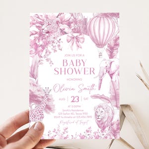 Editable Pink Chinoiserie Baby Shower Invitation, Safari Toile de Jouy Baby Shower Invite, Girl Bow Toile Jungle Baby Shower Invites, 01094