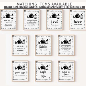 nine framed signs with various items listed, such as drinks, food, favors, and baby items, all with black text and illustrations. The signs are arranged in a grid, with each sign having a different title and description. The text on the signs is clear and easy to read, providing information about the items available for sale.