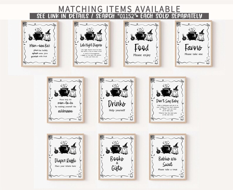 nine framed signs with various items listed, such as drinks, food, favors, and baby items, all with black text and illustrations. The signs are arranged in a grid, with each sign having a different title and description. The text on the signs is clear and easy to read, providing information about the items available for sale.