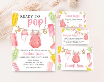 Editable She's Ready to Pop Baby Shower Invitation Bundle, Pink Popsicle Baby Shower Invite Set, Girl Summer Sweets Baby Shower Invite 01078