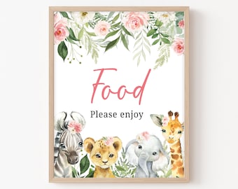 Jungle Baby Shower Food Sign Girl Safari Animals Baby Shower Food Table Sign Safari Printable Sign Pink Floral Baby Shower Decoration 0185