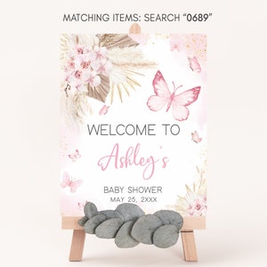 Editable Pink Butterfly Baby Shower Welcome Sign, Boho Floral Baby Shower Welcome Poster, Girl Pampas Grass Butterfly Baby Shower Sign, 0689 image 3