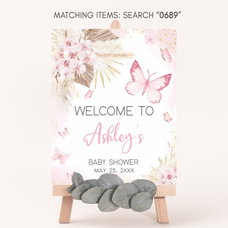 Editable Pink Butterfly Baby Shower Welcome Sign, Boho Floral Baby Shower Welcome Poster, Girl Pampas Grass Butterfly Baby Shower Sign, 0689 image 3