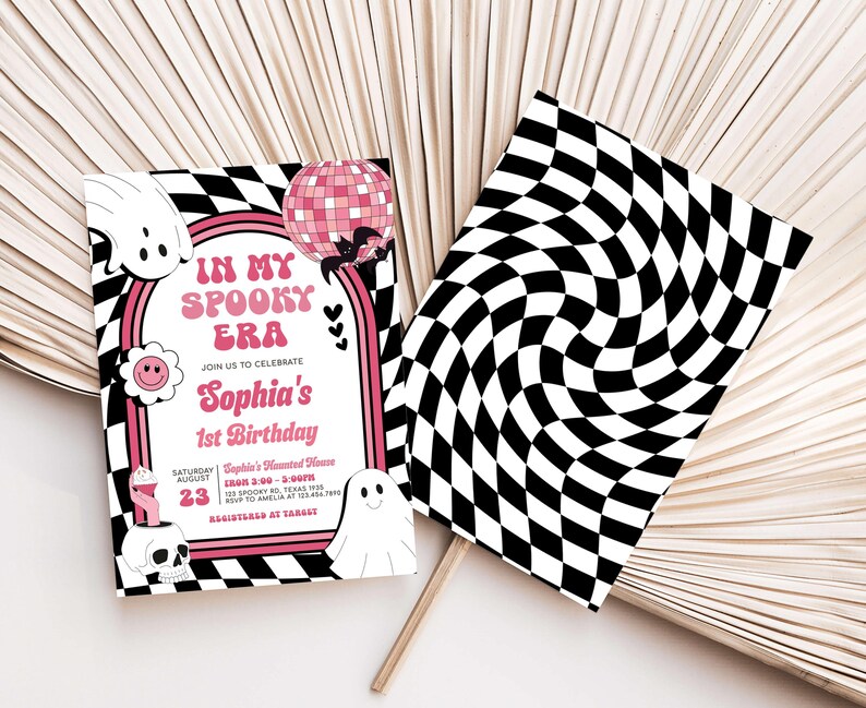 a black and white checkered design with a pink pig on it