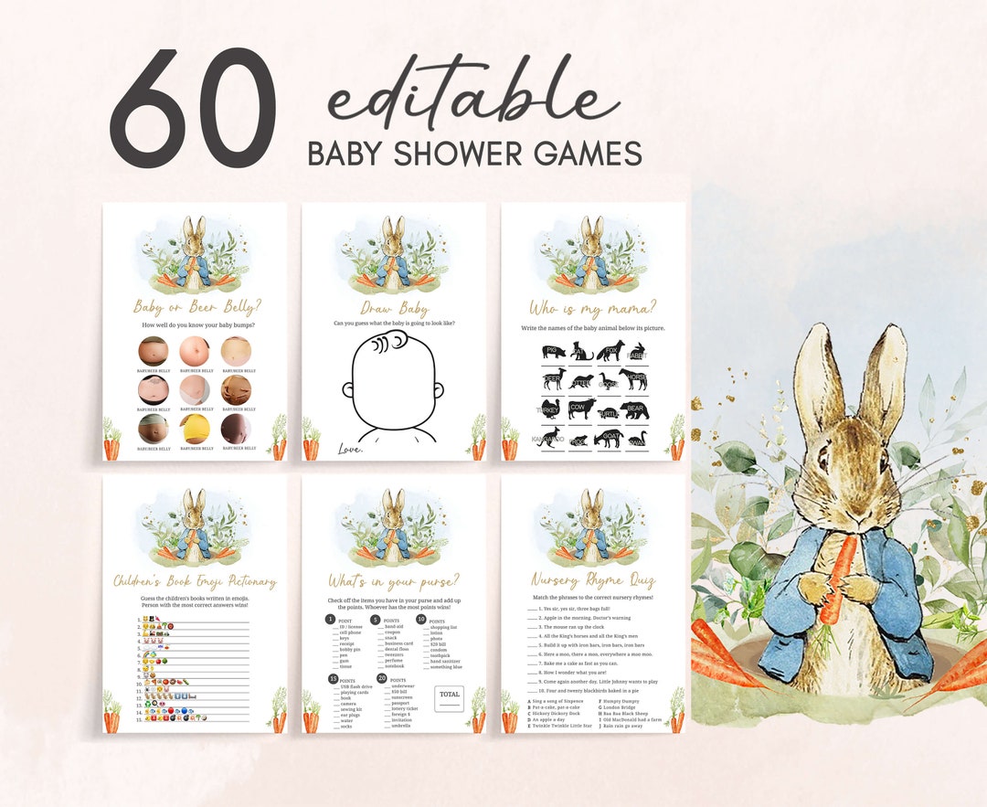 Editable Peter Rabbit Baby Shower Games Bundle, Blue Peter Rabbit Baby