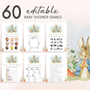 Pacchetto di giochi modificabili per baby shower Peter Rabbit, pacchetto di giochi per baby shower blu Peter Rabbit, set di giochi per baby shower Peter Rabbit rustico, 0625