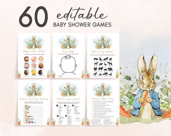 Editable Peter Rabbit Baby Shower Games Bundle, Blue Peter Rabbit Baby Shower Game Pack, Rustic Boy Peter Rabbit Baby Shower Games Set, 0625