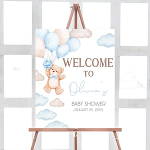 Editable We Can Bearly Wait Baby Shower Welcome Sign, Boy Boho Bear Baby Shower Welcome Poster, Blue Balloon Bear Baby Shower Sign, 01018