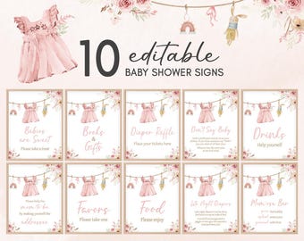 Editable A Sweet Baby Girl Baby Shower Table Sign, Pink Floral Baby Clothesline Baby Shower Bundle Sign, Boho Laundry Baby Shower Sign 01163