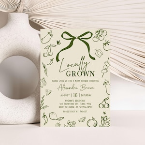 Editable Locally Grown Baby Shower Invitation, Organic Farmers Market Baby Shower Invite, Hand Drawn Locally Grown Baby Invitation, 01108