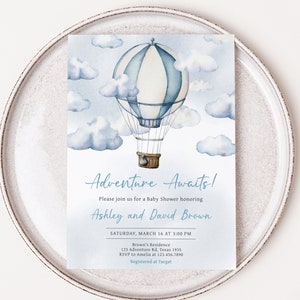Editable Adventure Awaits Baby Shower Invitation, Blue Hot Air Balloon Baby Shower Invite, Adventure Awaits Boy Baby Shower Invitation, 0643 image 1