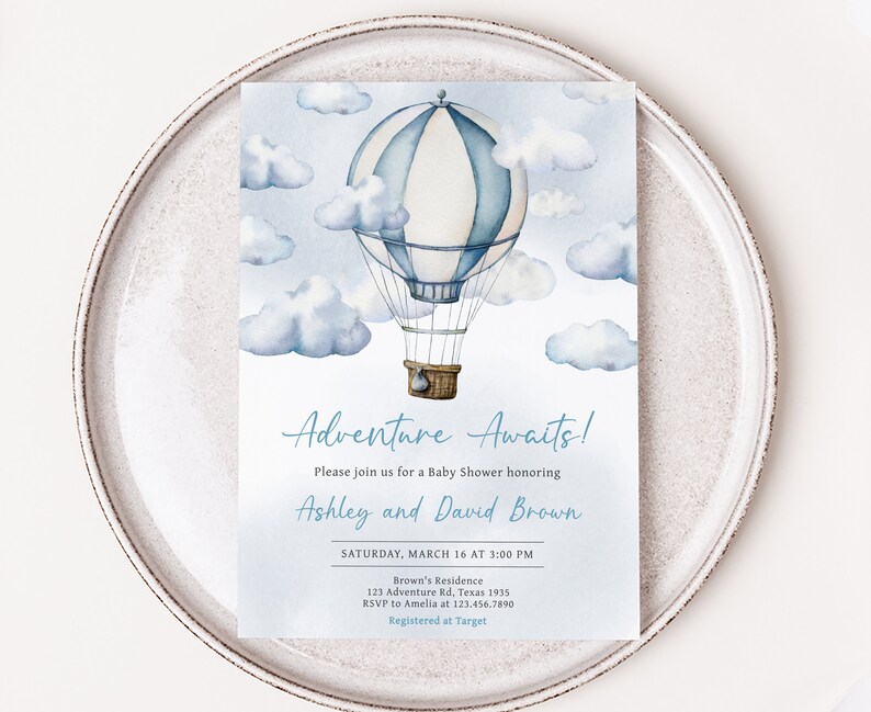 Editable Adventure Awaits Baby Shower Invitation, Blue Hot Air Balloon Baby Shower Invite, Adventure Awaits Boy Baby Shower Invitation, 0643 image 1