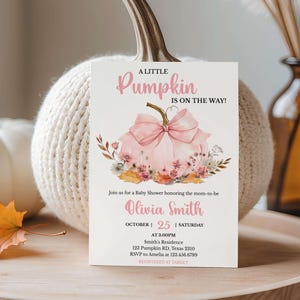 Editable Pink Floral Bow Pumpkin Baby Shower Invitation, Pink Bow Fall Baby Shower Invite, Little Pumpkin Coquette Girl Baby Shower, 01138