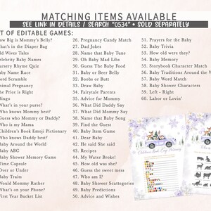May include: A digital list of 60 editable baby shower games with a light pink background. The text includes titles like How Big is Mommy's Belly and Baby Trivia. Two game cards featuring a purple truck with animals are shown at the bottom right.