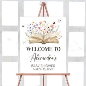 Bearbeitbar Ein neues Kapitel beginnt Babyparty Willkommensschild, Märchenbuch Babyparty Willkommensplakat, Schmetterling Wildblumen Buch Babyparty, 01034