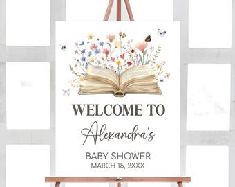 Editable A New Chapter Begins Baby Shower Welcome Sign, Storybook Baby Shower Welcome Poster, Butterfly Wildflower Book Baby Shower, 01034