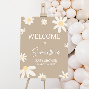 Bearbeitbares Gänseblümchen-Babyparty-Willkommensschild, Gänseblümchen-Blume Boho-Babyparty-Willkommensplakat, Groovy Gänseblümchen-Retro-Babyparty, Frühlings-Blumen, 0634