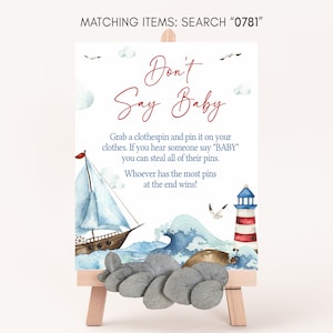 Don&#39;t Say Baby Sign Nautical Baby Shower, Ahoy It&#39;s A Boy Baby Shower Dont Say Baby Game Sign, Blue Boat Nautical Baby Shower Signs, 0781